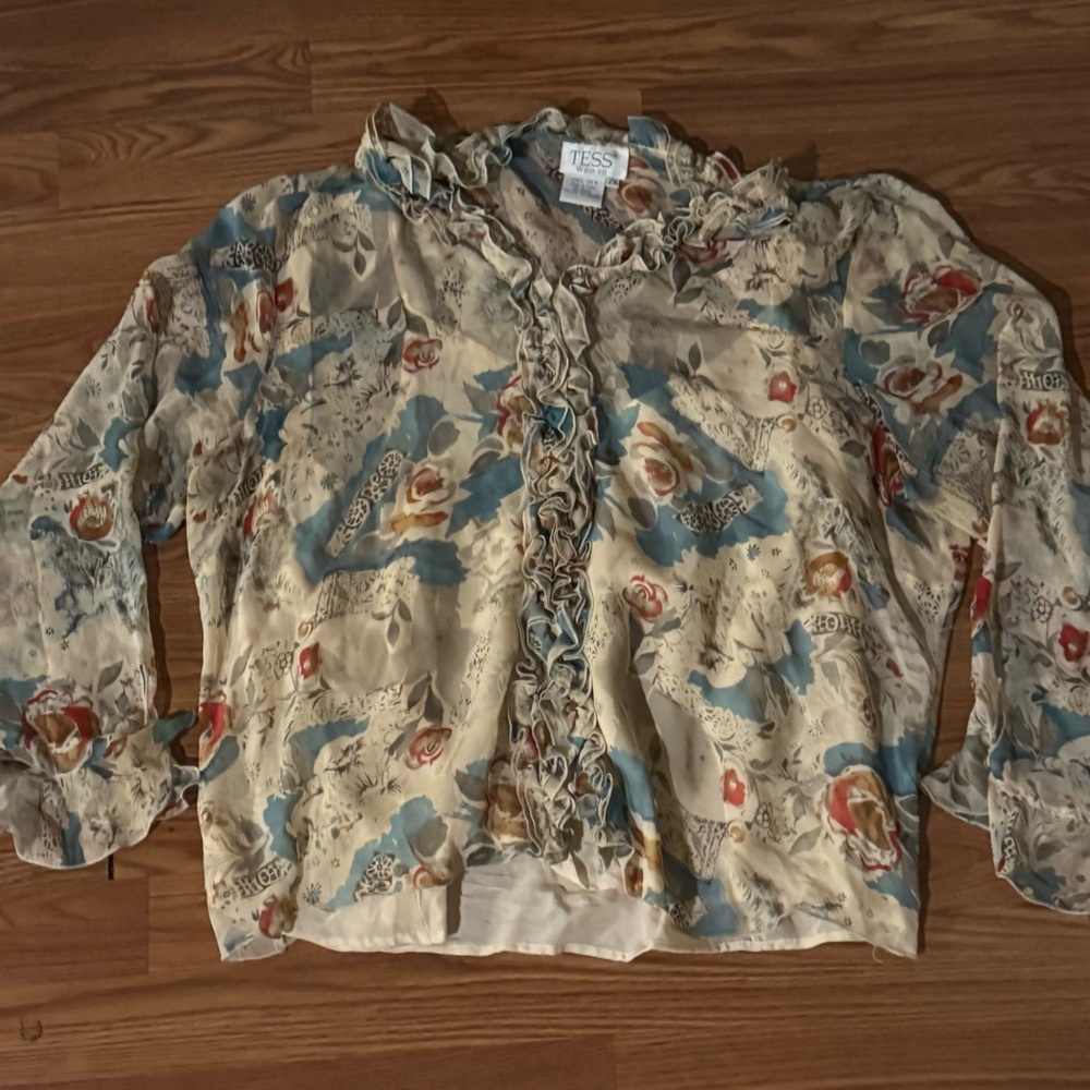Tess Woman Floral Ruffle Rose Blouse Size 2x Vintage Y2k Fairy Boho‎